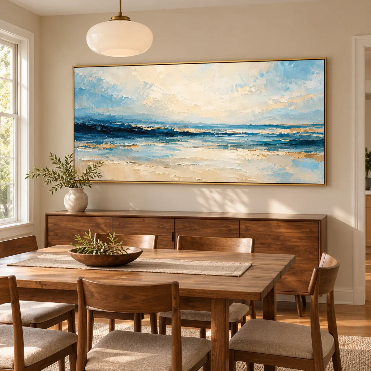 Ownanart Hand-Painted Textured Seascape Oil Painting – Blue Ocean Waves & Cream Sky, Horizontal Coastal Wall Art