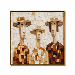 Hand-Painted Three Figures Oil Painting, Textured Folk Portrait Wall Art for Rustic Modern Home Decor #OA 1002