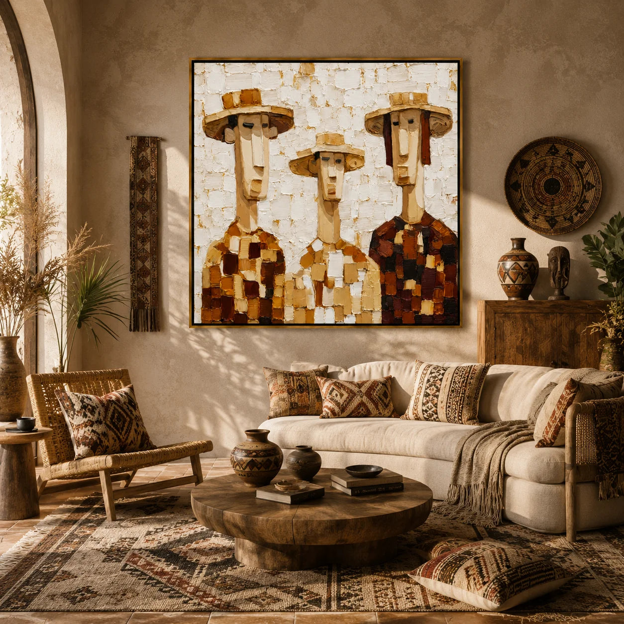 Hand-Painted Three Figures Oil Painting, Textured Folk Portrait Wall Art for Rustic Modern Home Decor #OA 1002