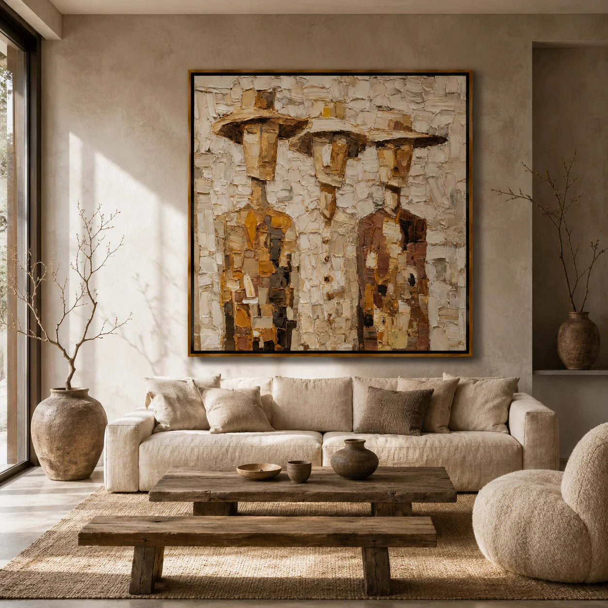 Hand-Painted Three Figures Oil Painting, Textured Rustic Folk Art Wall Decor for Farmhouse Home #OA 1004