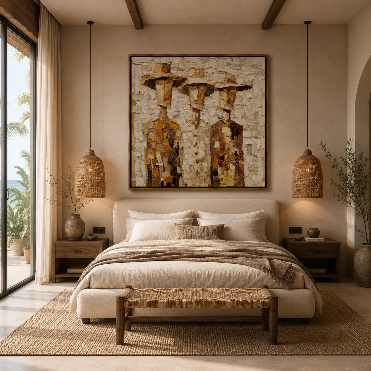 Hand-Painted Three Figures Oil Painting, Textured Rustic Folk Art Wall Decor for Farmhouse Home #OA 1004