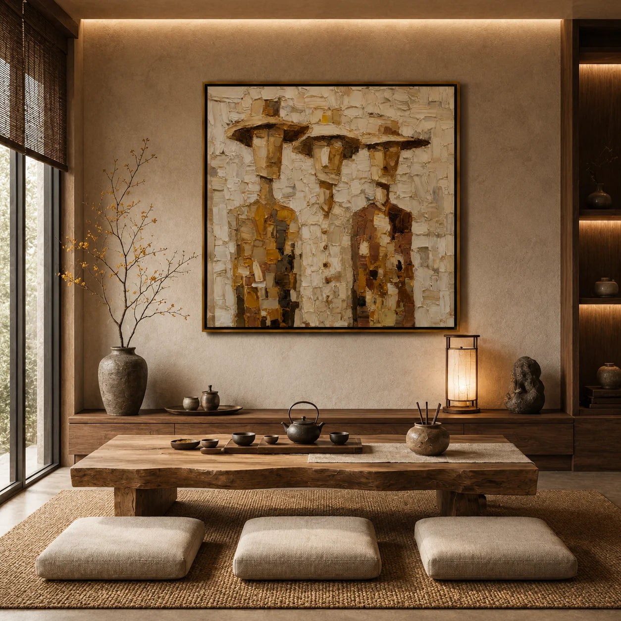 Hand-Painted Three Figures Oil Painting, Textured Rustic Folk Art Wall Decor for Farmhouse Home #OA 1004