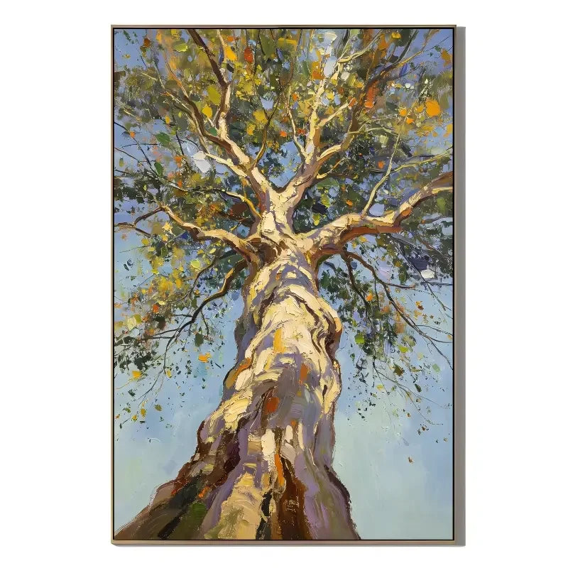 Ownanart Hand-Painted Tree Oil Painting – Upward View of Sunlit Woodland Canopy, Textured Nature Wall Art, Large Vertical Forest Landscape for Living Room Decor # OA 1330