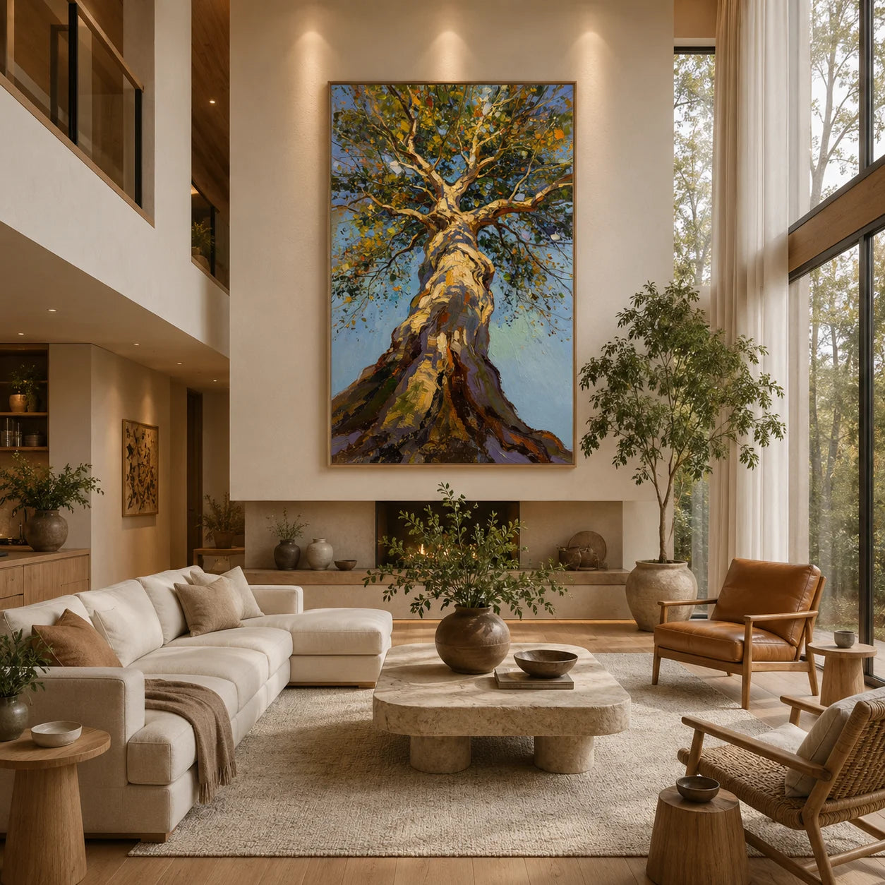 Ownanart Hand-Painted Tree Oil Painting – Upward View of Sunlit Woodland Canopy, Textured Nature Wall Art, Large Vertical Forest Landscape for Living Room Decor # OA 1330