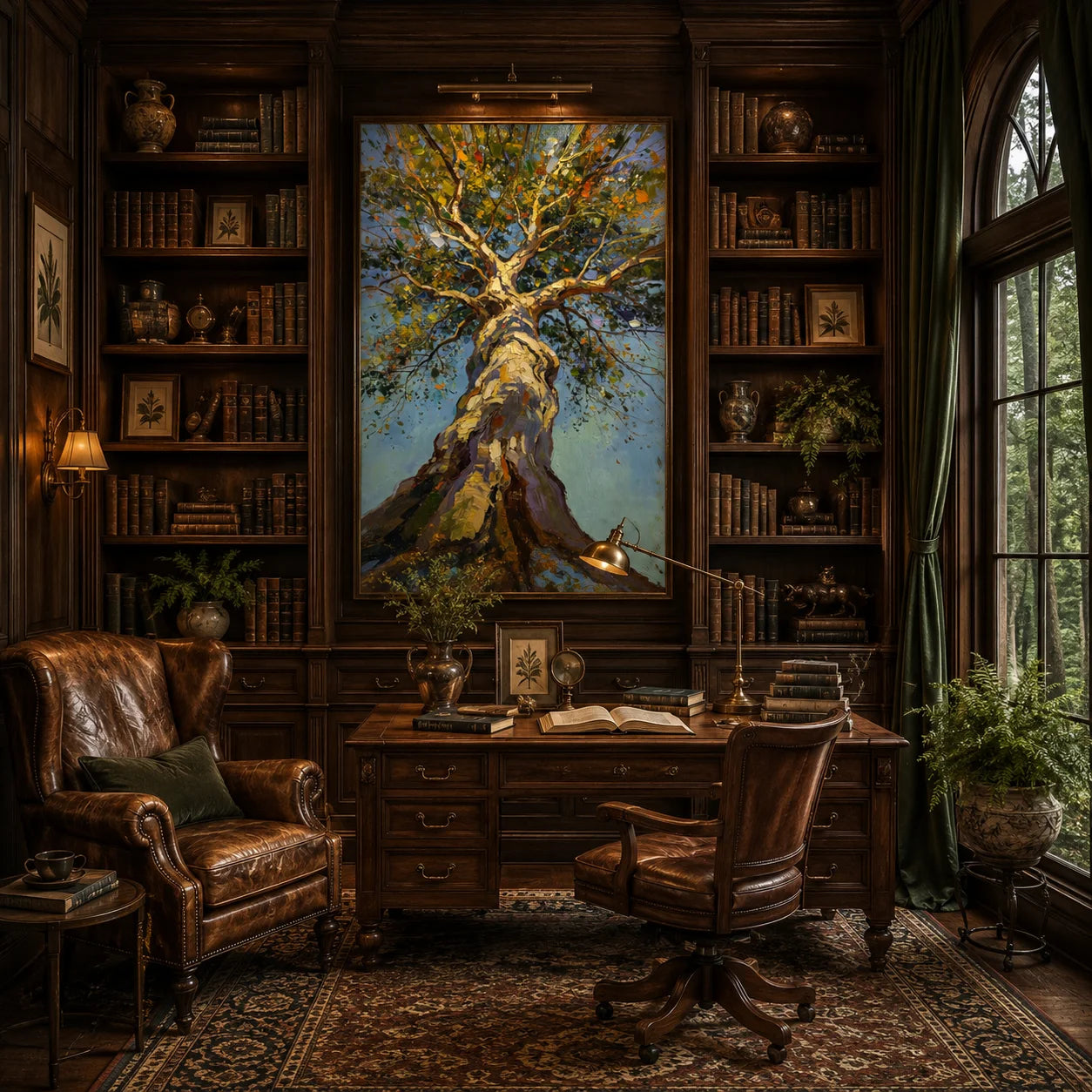 Ownanart Hand-Painted Tree Oil Painting – Upward View of Sunlit Woodland Canopy, Textured Nature Wall Art, Large Vertical Forest Landscape for Living Room Decor # OA 1330