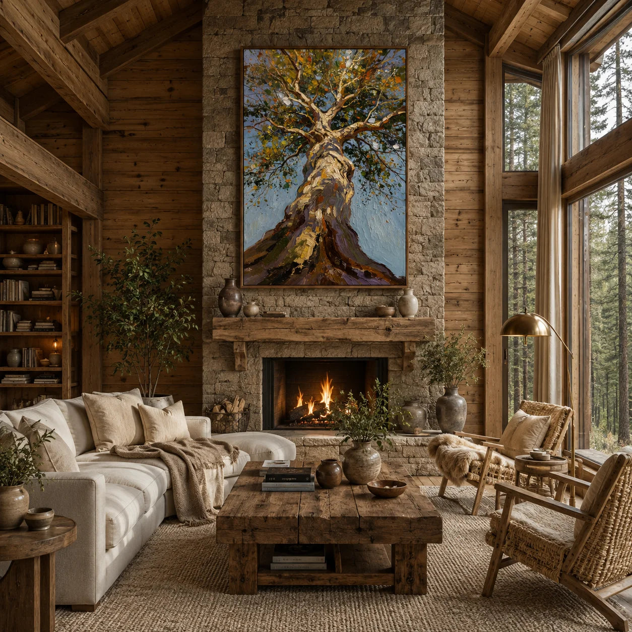 Ownanart Hand-Painted Tree Oil Painting – Upward View of Sunlit Woodland Canopy, Textured Nature Wall Art, Large Vertical Forest Landscape for Living Room Decor # OA 1330