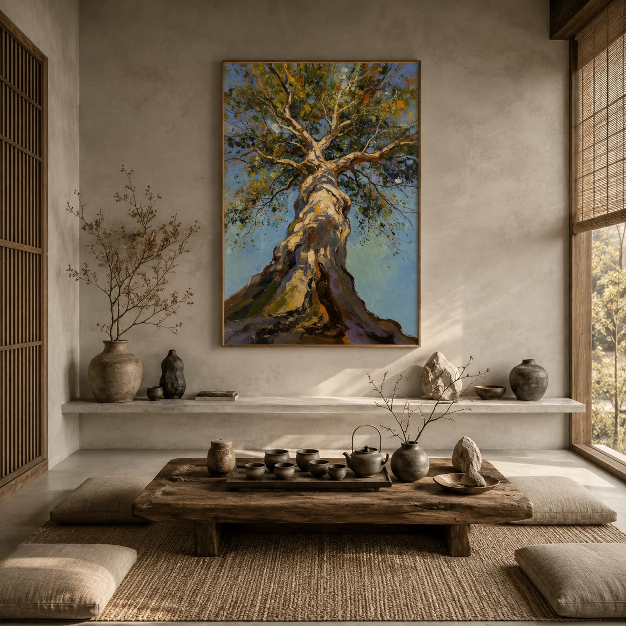 Ownanart Hand-Painted Tree Oil Painting – Upward View of Sunlit Woodland Canopy, Textured Nature Wall Art, Large Vertical Forest Landscape for Living Room Decor # OA 1330