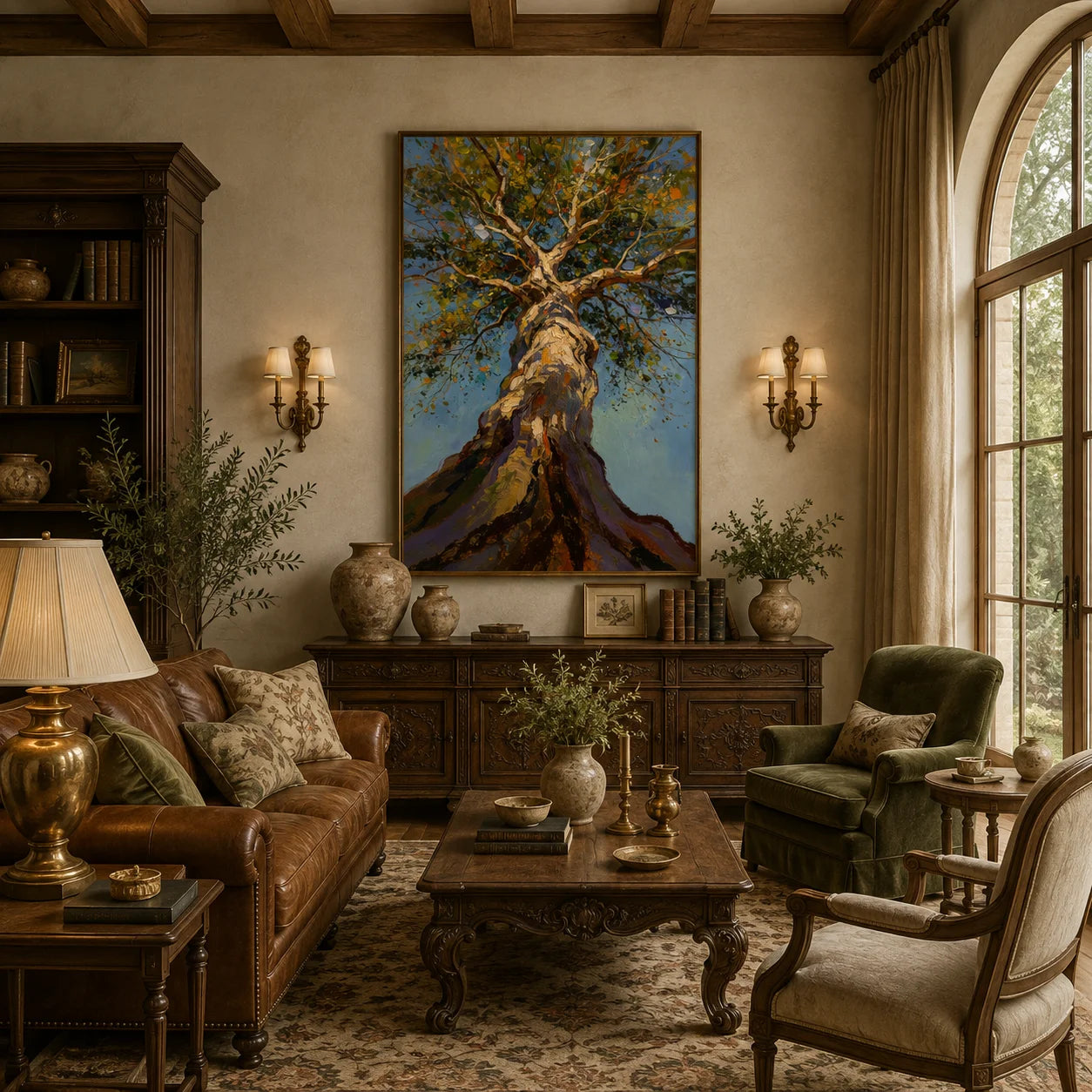 Ownanart Hand-Painted Tree Oil Painting – Upward View of Sunlit Woodland Canopy, Textured Nature Wall Art, Large Vertical Forest Landscape for Living Room Decor # OA 1330