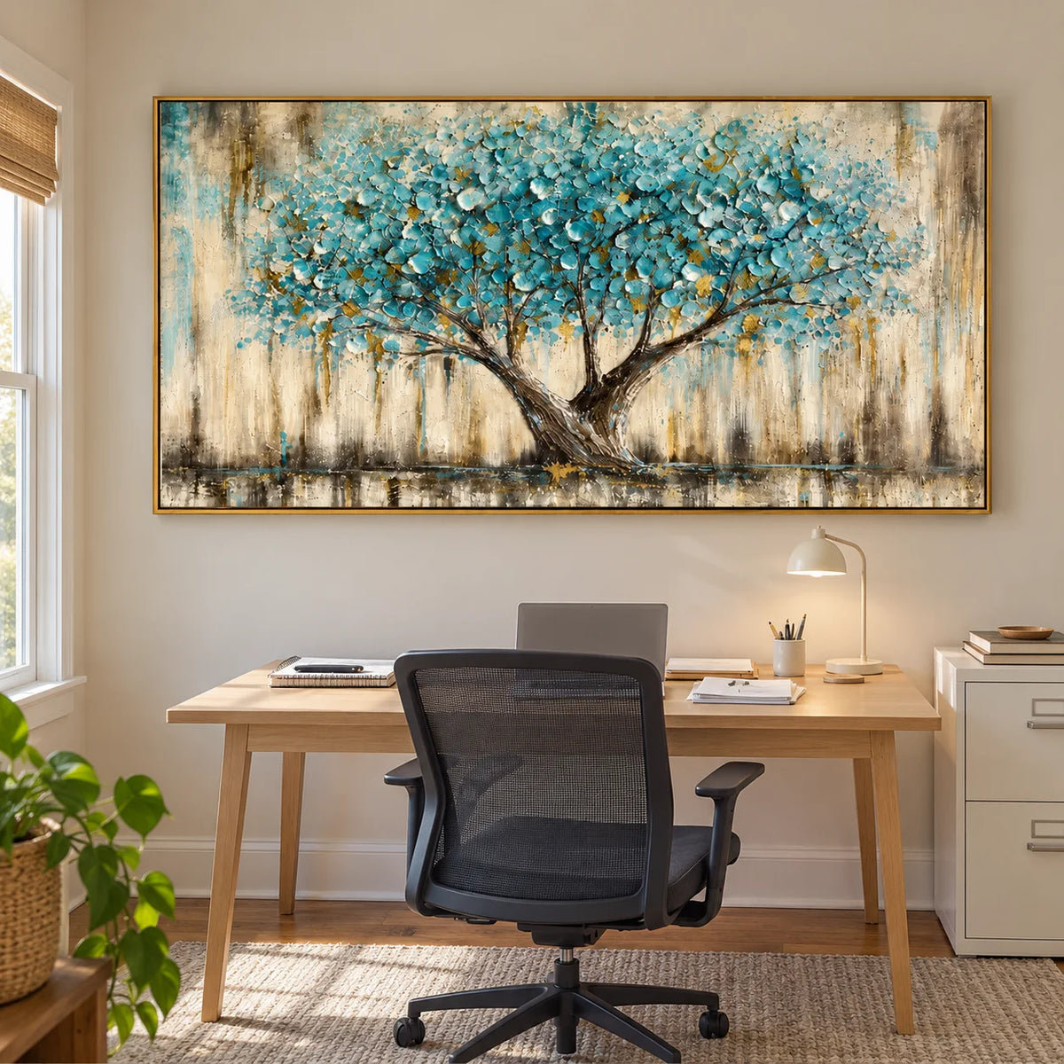 Ownanart Hand-Painted Turquoise and Gold Tree Oil Painting – Textured Impasto Botanical Art, Horizontal Canvas Wall Decor #OA 1447