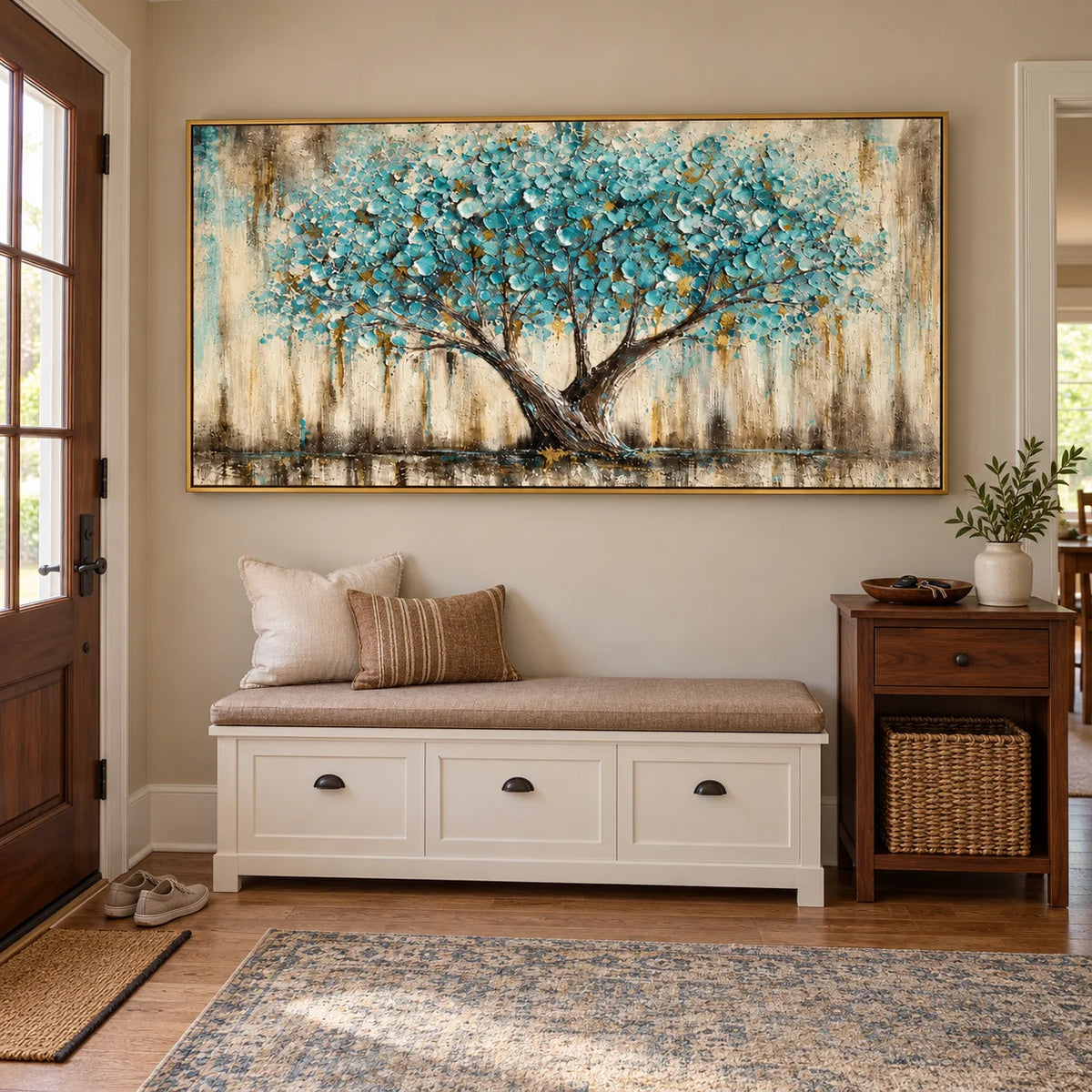 Ownanart Hand-Painted Turquoise and Gold Tree Oil Painting – Textured Impasto Botanical Art, Horizontal Canvas Wall Decor #OA 1447