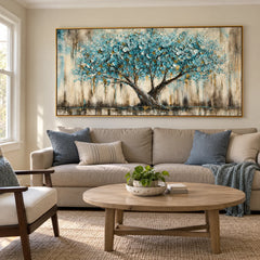 Ownanart Hand-Painted Turquoise and Gold Tree Oil Painting – Textured Impasto Botanical Art, Horizontal Canvas Wall Decor #OA 1447
