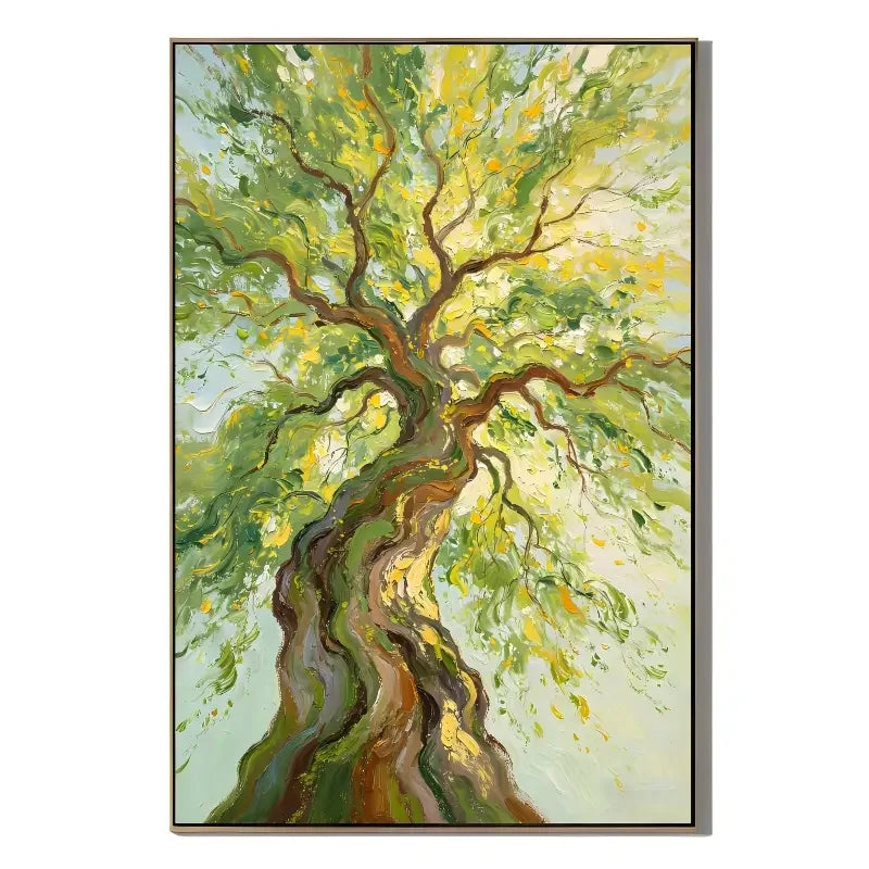 Ownanart Hand-Painted Twisted Tree Oil Painting – Sunlit Green Canopy Nature Wall Art, Large Vertical Textured Tree Landscape for Living Room Decor # OA 1331