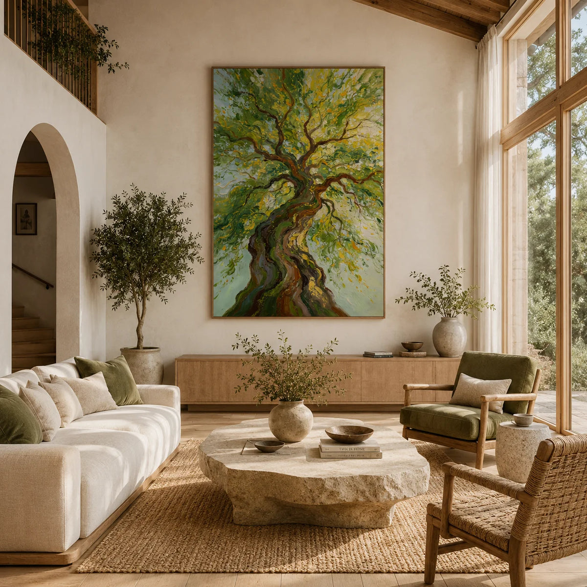 Ownanart Hand-Painted Twisted Tree Oil Painting – Sunlit Green Canopy Nature Wall Art, Large Vertical Textured Tree Landscape for Living Room Decor # OA 1331