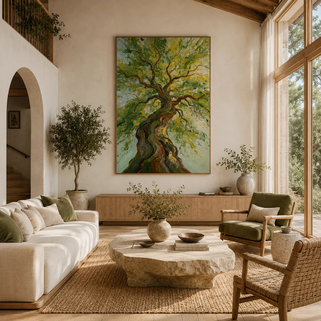 Ownanart Hand-Painted Twisted Tree Oil Painting – Sunlit Green Canopy Nature Wall Art, Large Vertical Textured Tree Landscape for Living Room Decor # OA 1331