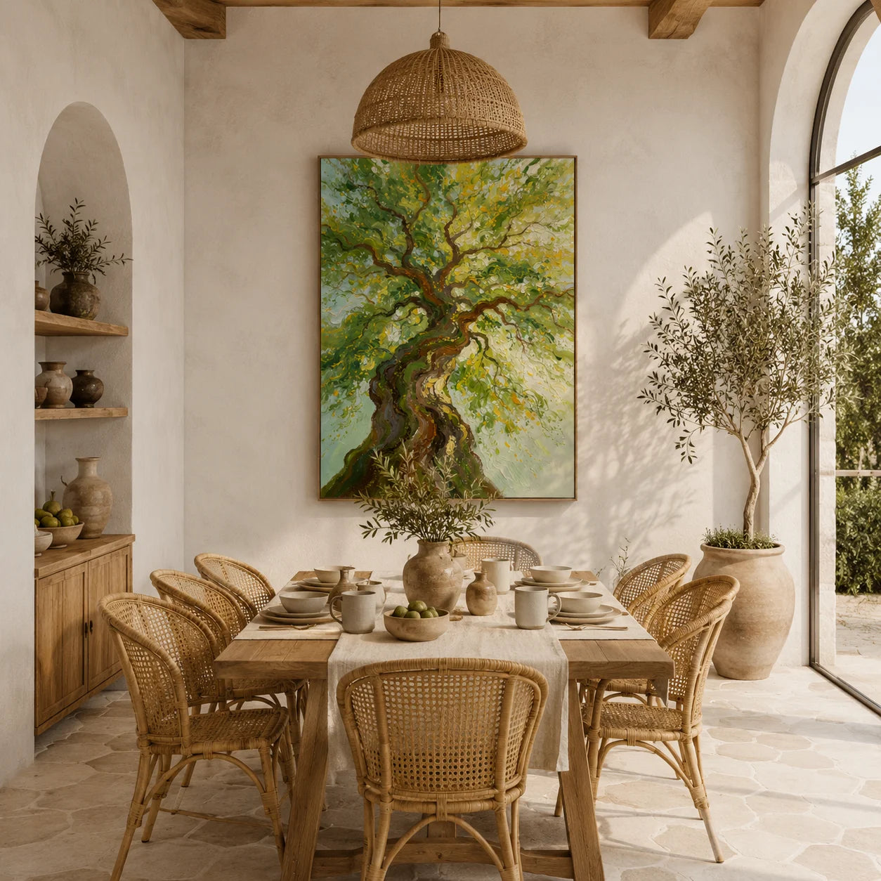 Ownanart Hand-Painted Twisted Tree Oil Painting – Sunlit Green Canopy Nature Wall Art, Large Vertical Textured Tree Landscape for Living Room Decor # OA 1331
