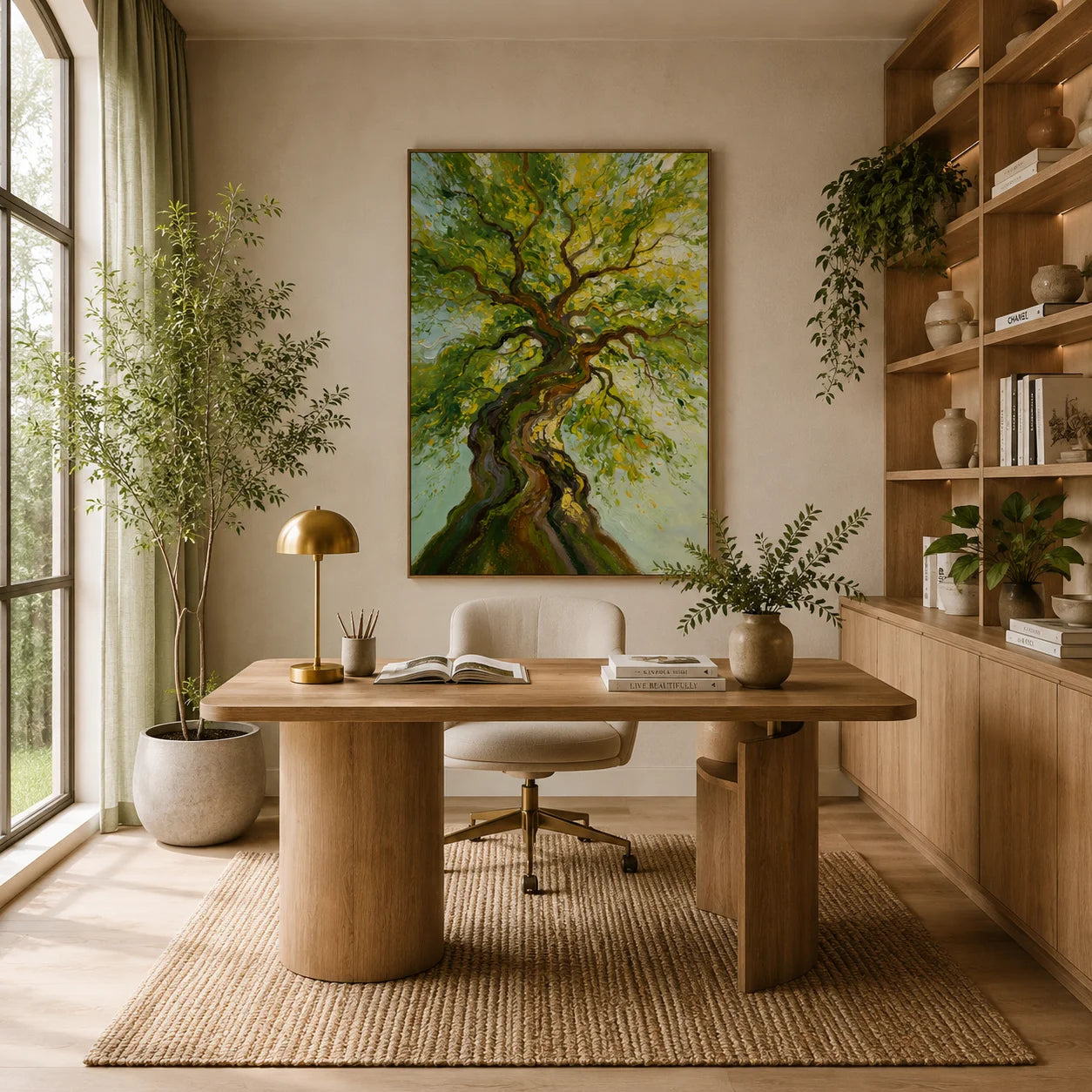 Ownanart Hand-Painted Twisted Tree Oil Painting – Sunlit Green Canopy Nature Wall Art, Large Vertical Textured Tree Landscape for Living Room Decor # OA 1331