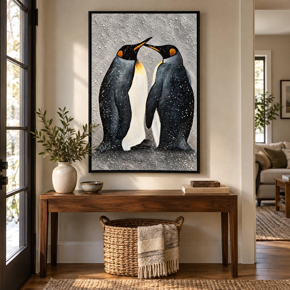 Ownanart Hand-Painted Two Penguins in Falling Snow Oil Painting – 3D Textured Vertical Impasto Canvas Wall Art for Living Room Bedroom Entryway and Office #OA 1595