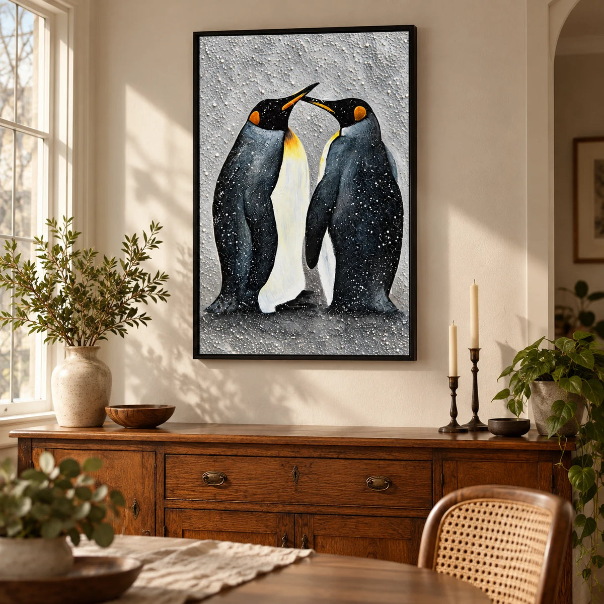 Ownanart Hand-Painted Two Penguins in Falling Snow Oil Painting – 3D Textured Vertical Impasto Canvas Wall Art for Living Room Bedroom Entryway and Office #OA 1595