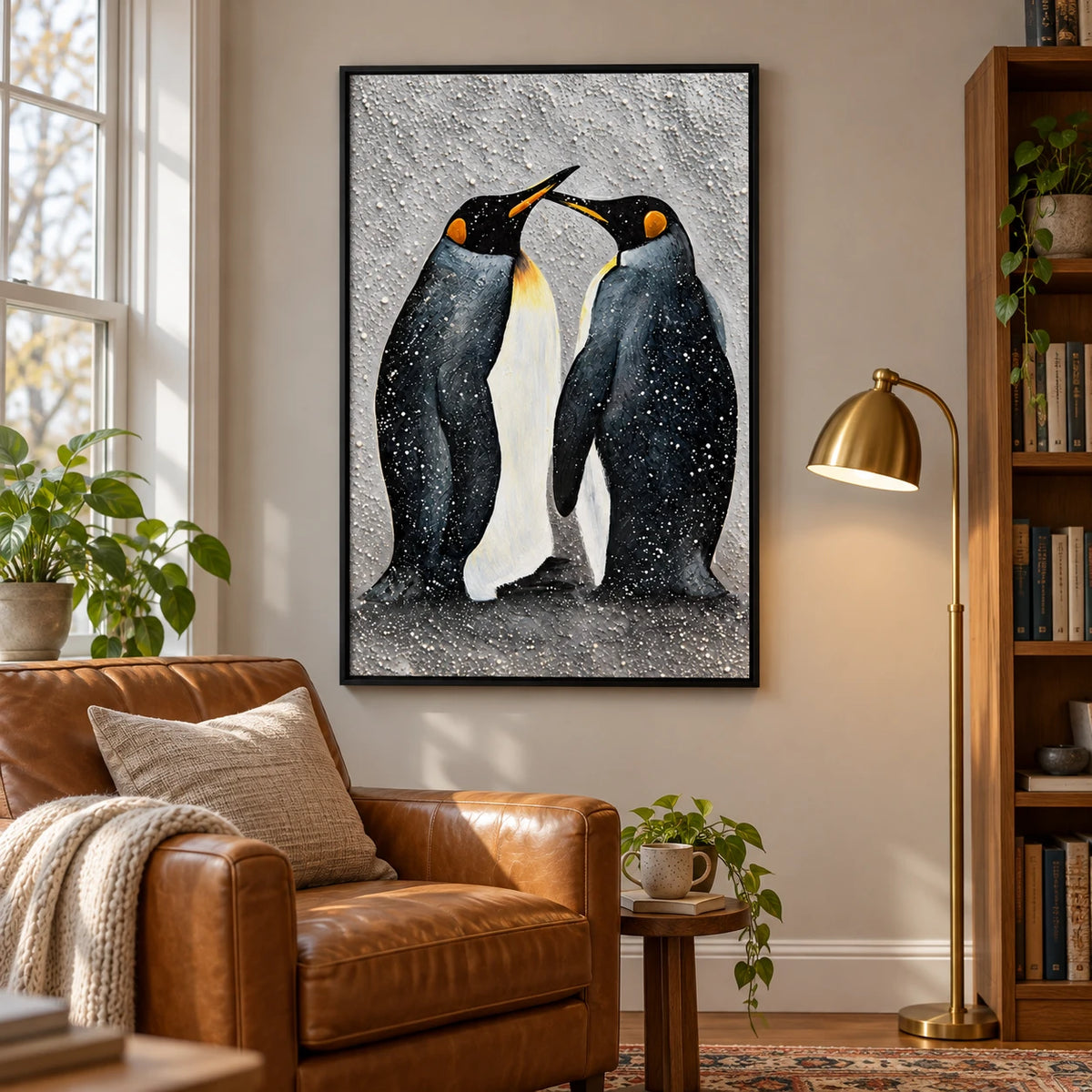 Ownanart Hand-Painted Two Penguins in Falling Snow Oil Painting – 3D Textured Vertical Impasto Canvas Wall Art for Living Room Bedroom Entryway and Office #OA 1595