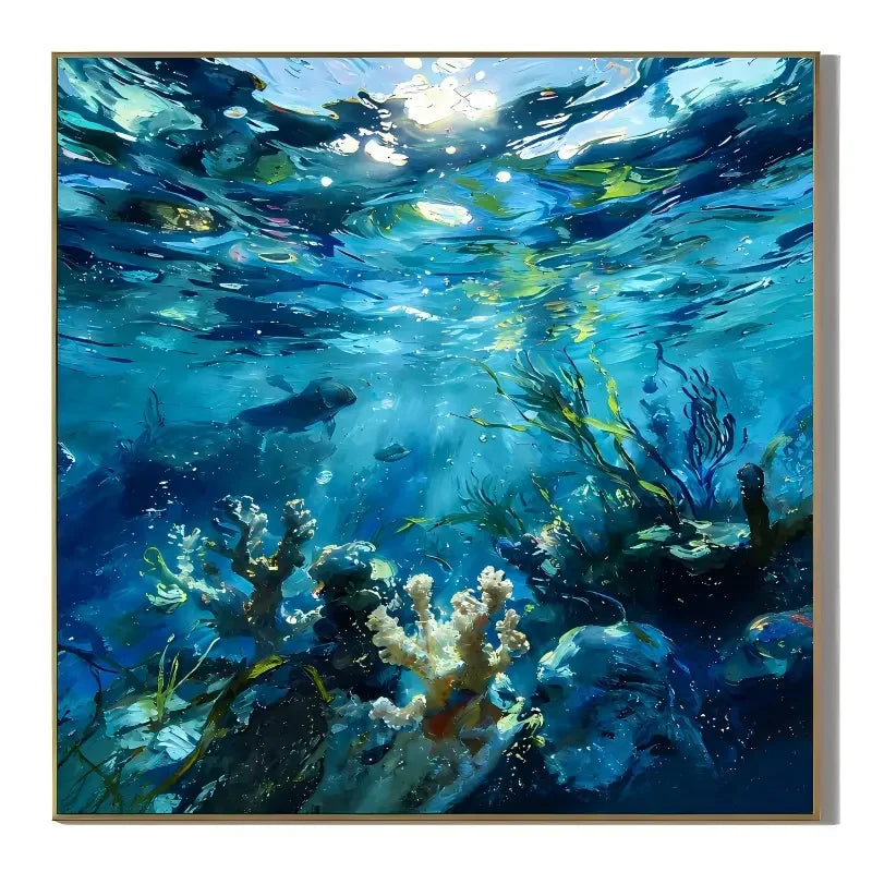 Ownanart.com Hand-Painted Underwater Ocean Oil Painting, Blue Coral Reef & Marine Life Wall Art, Coastal Sea Canvas Artwork for Living Room # OA 1337