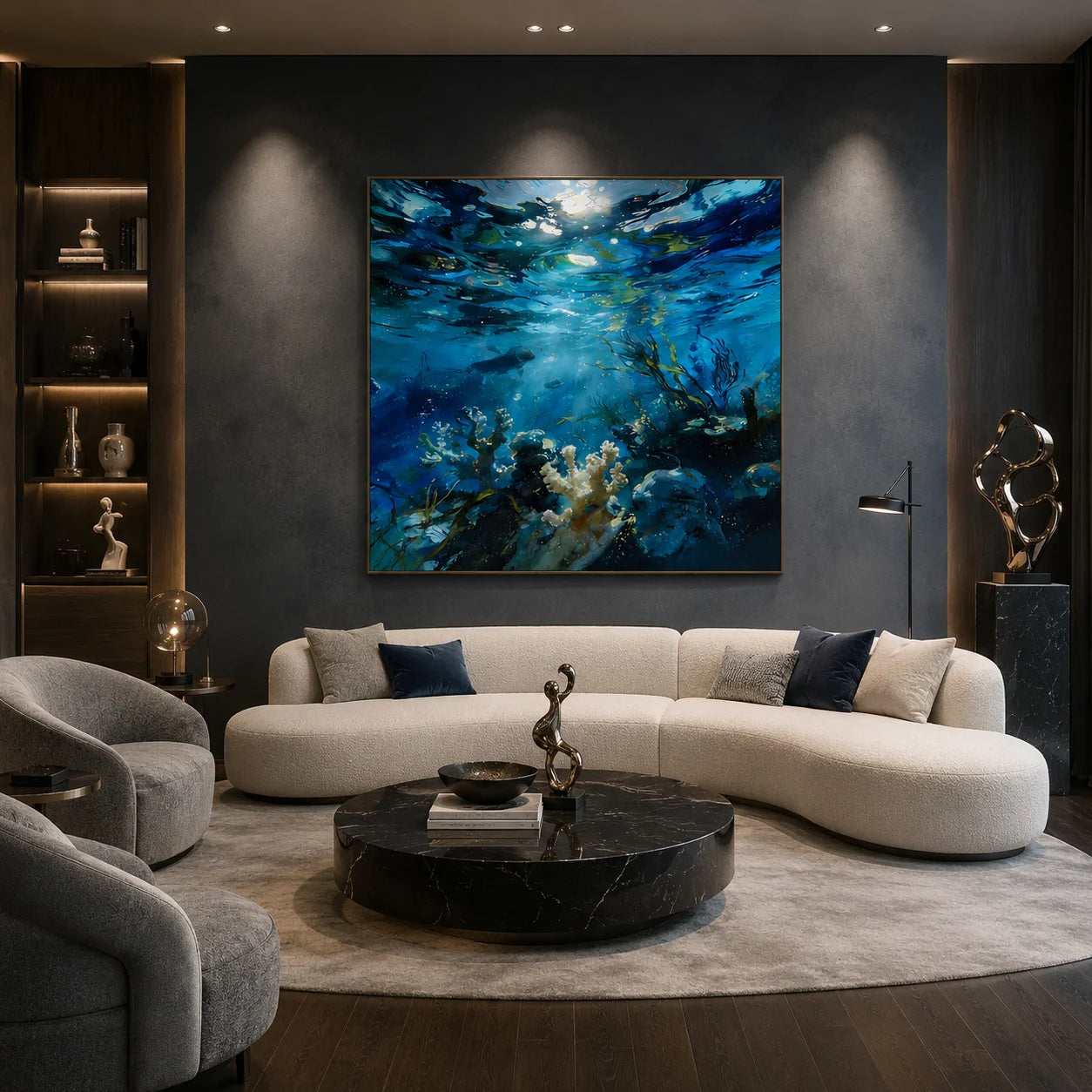 Ownanart.com Hand-Painted Underwater Ocean Oil Painting, Blue Coral Reef & Marine Life Wall Art, Coastal Sea Canvas Artwork for Living Room # OA 1337