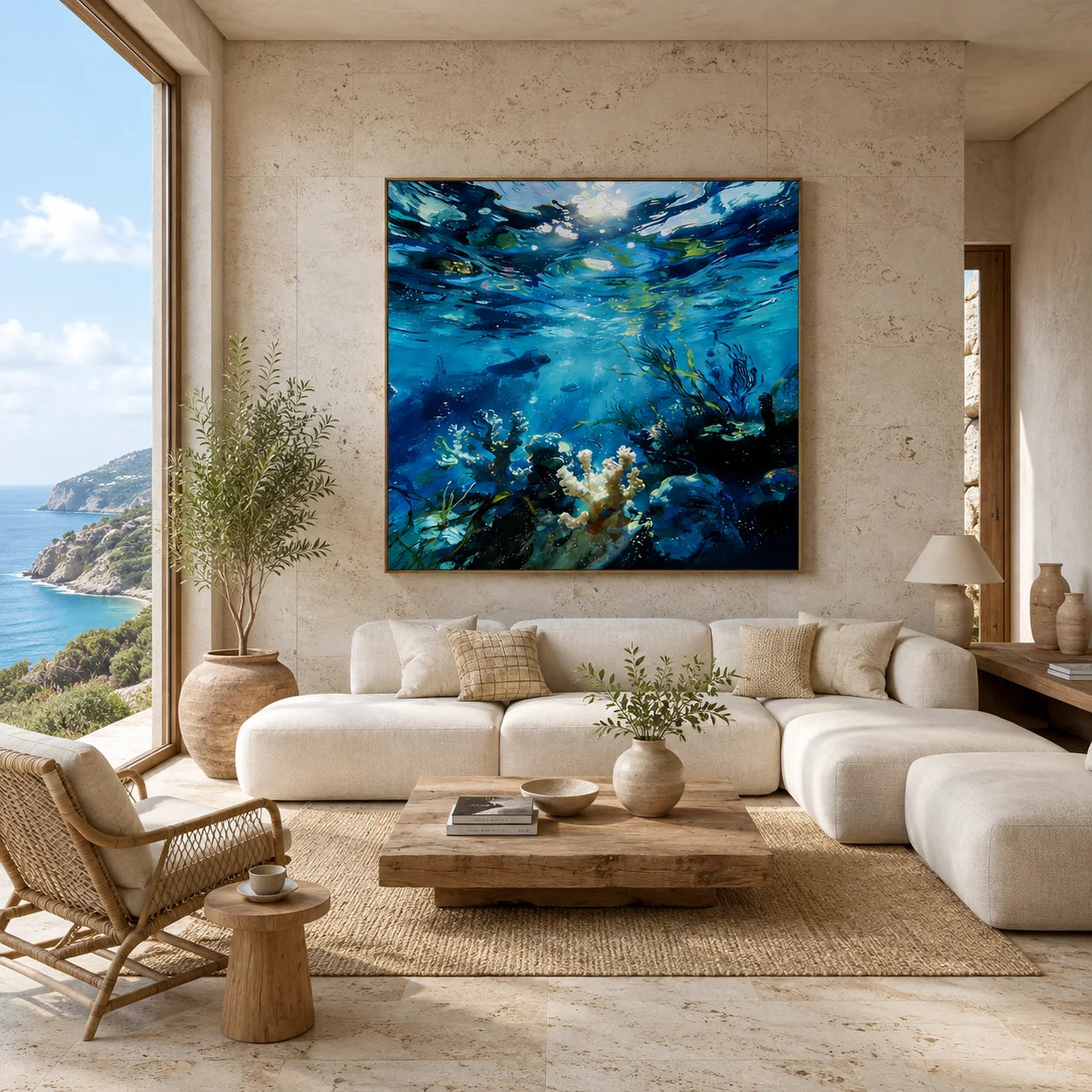 Ownanart.com Hand-Painted Underwater Ocean Oil Painting, Blue Coral Reef & Marine Life Wall Art, Coastal Sea Canvas Artwork for Living Room # OA 1337