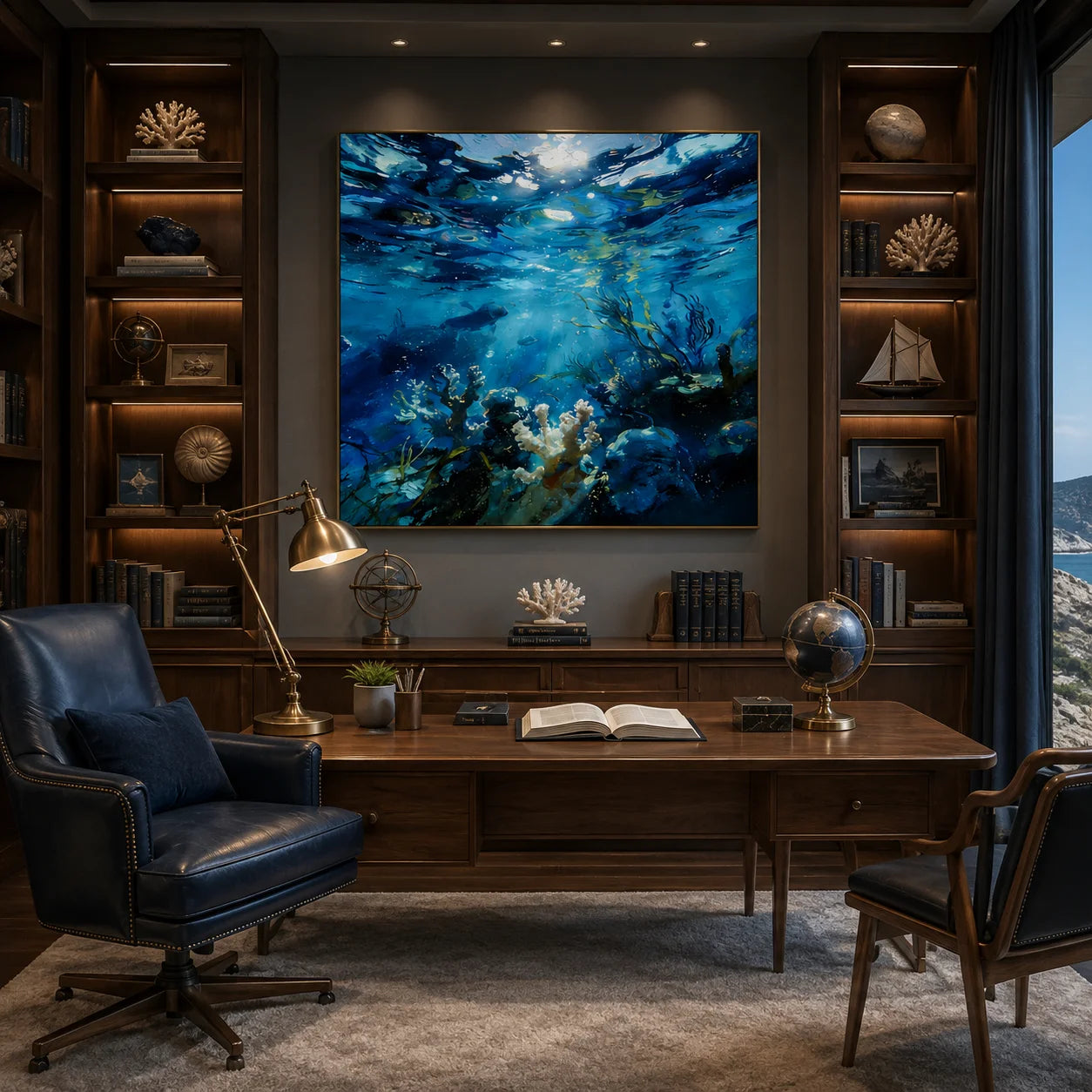 Ownanart.com Hand-Painted Underwater Ocean Oil Painting, Blue Coral Reef & Marine Life Wall Art, Coastal Sea Canvas Artwork for Living Room # OA 1337