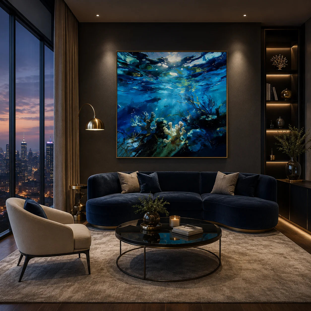 Ownanart.com Hand-Painted Underwater Ocean Oil Painting, Blue Coral Reef & Marine Life Wall Art, Coastal Sea Canvas Artwork for Living Room # OA 1337