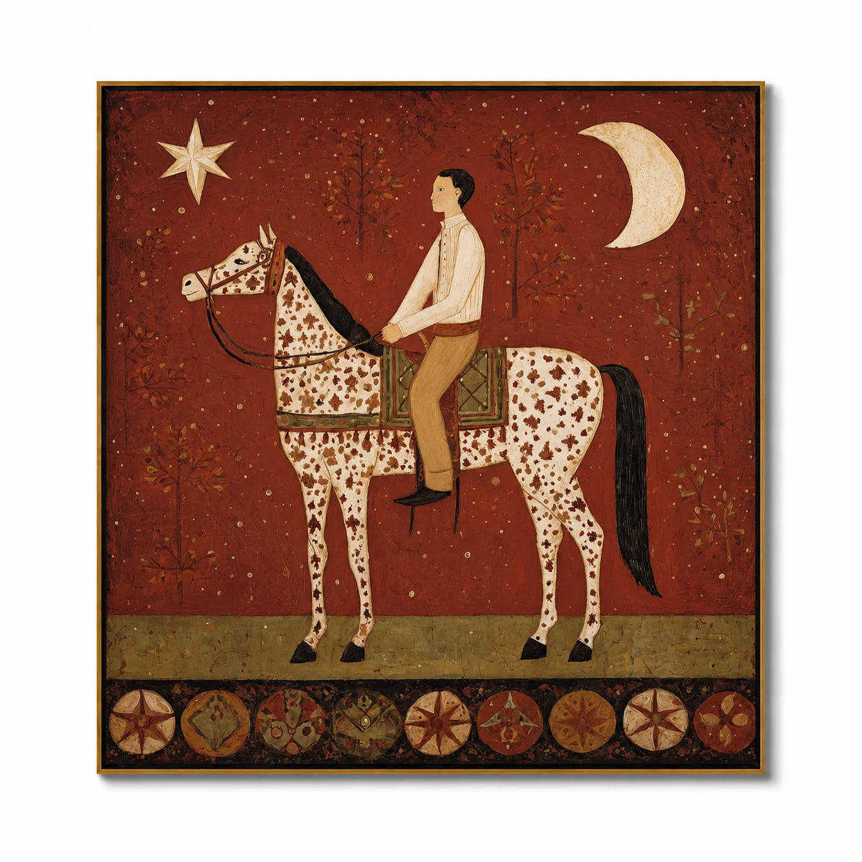 Hand-Painted Vintage Horse Rider Oil Painting, Folk Art Equestrian Canvas Wall Art for Rustic Luxury Home Decor