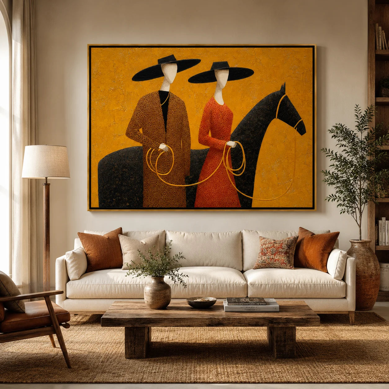Hand-Painted Western Horse Oil Painting, Textured Cowboy Couple Canvas Wall Art for Rustic Luxury Home Decor#OA 0938