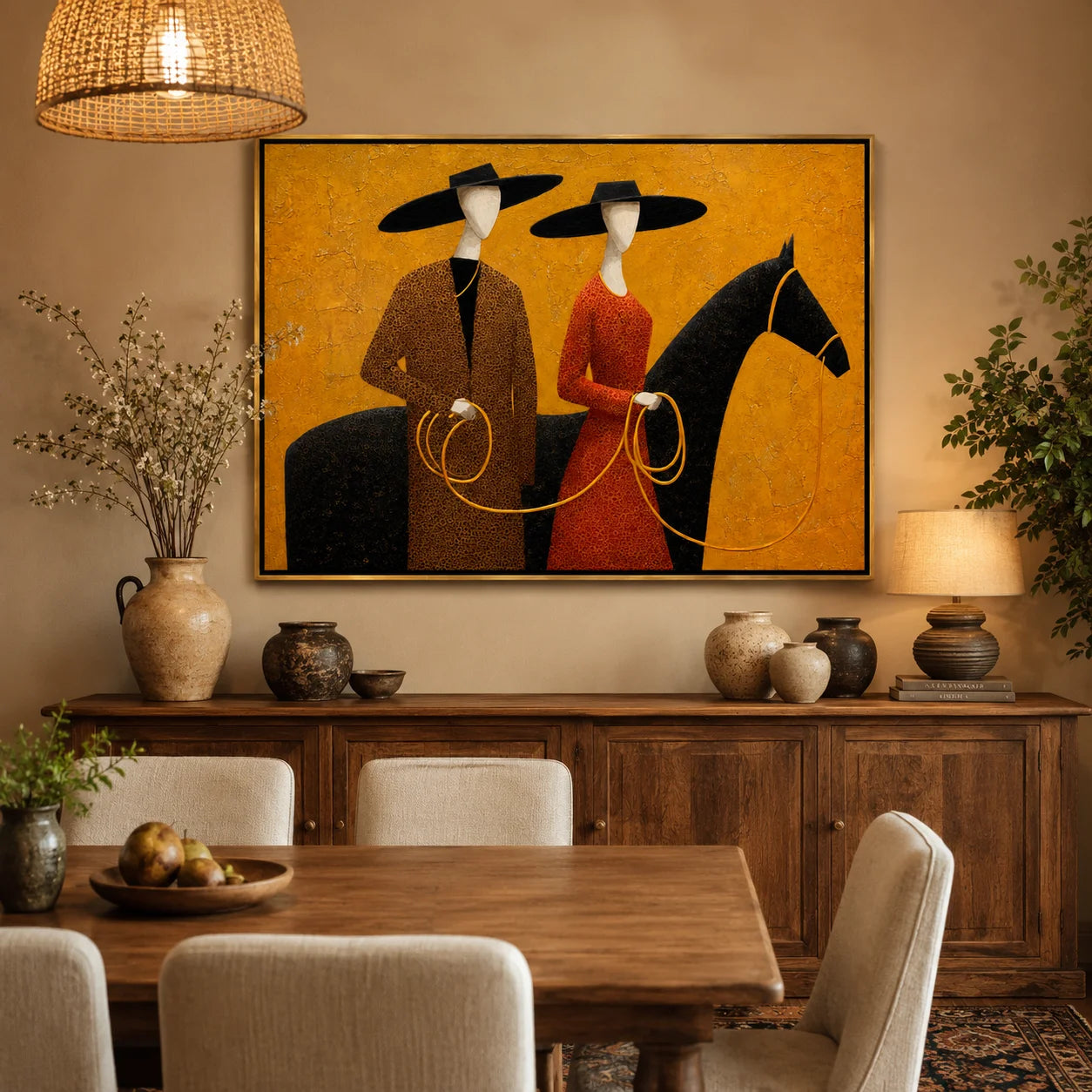 Hand-Painted Western Horse Oil Painting, Textured Cowboy Couple Canvas Wall Art for Rustic Luxury Home Decor#OA 0938