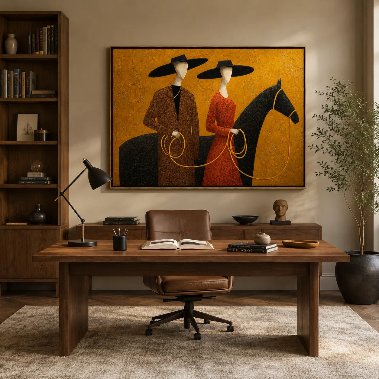 Hand-Painted Western Horse Oil Painting, Textured Cowboy Couple Canvas Wall Art for Rustic Luxury Home Decor#OA 0938