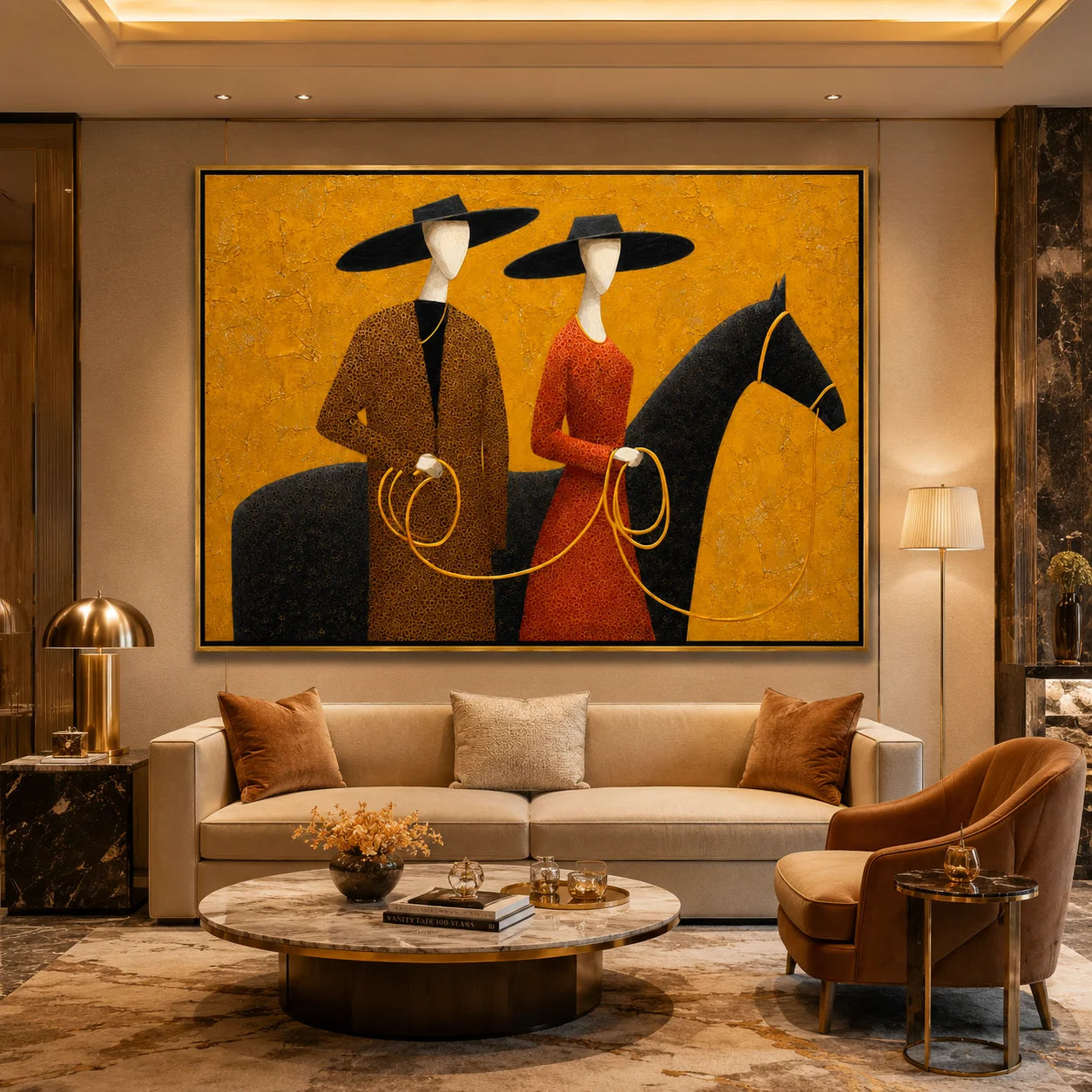 Hand-Painted Western Horse Oil Painting, Textured Cowboy Couple Canvas Wall Art for Rustic Luxury Home Decor#OA 0938