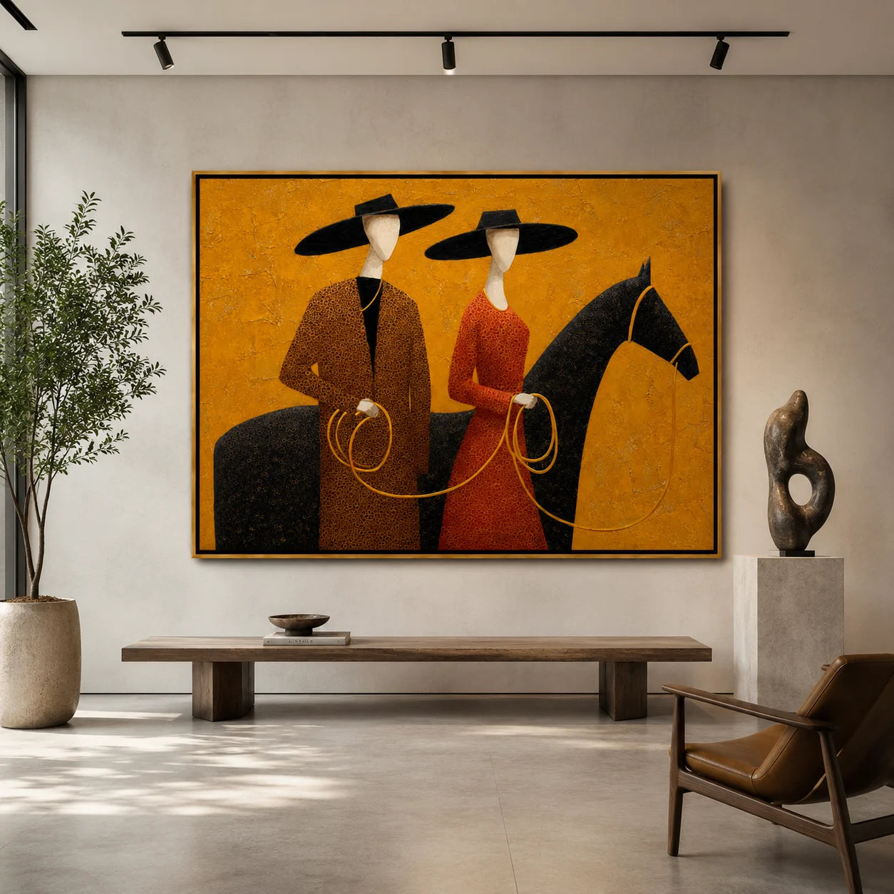Hand-Painted Western Horse Oil Painting, Textured Cowboy Couple Canvas Wall Art for Rustic Luxury Home Decor#OA 0938