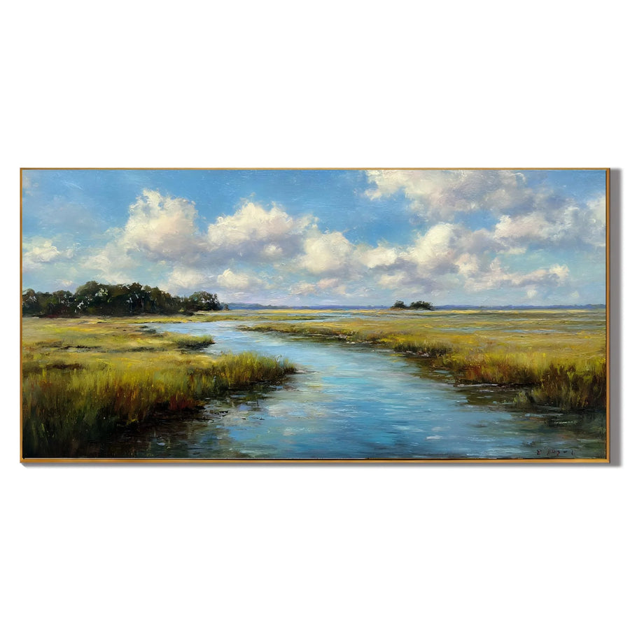 Ownanart Hand-Painted Wetland River Landscape Oil Painting – Blue Sky, Clouds, Meadow Stream Panoramic Wall Art for Modern Home Decor # OA 1246