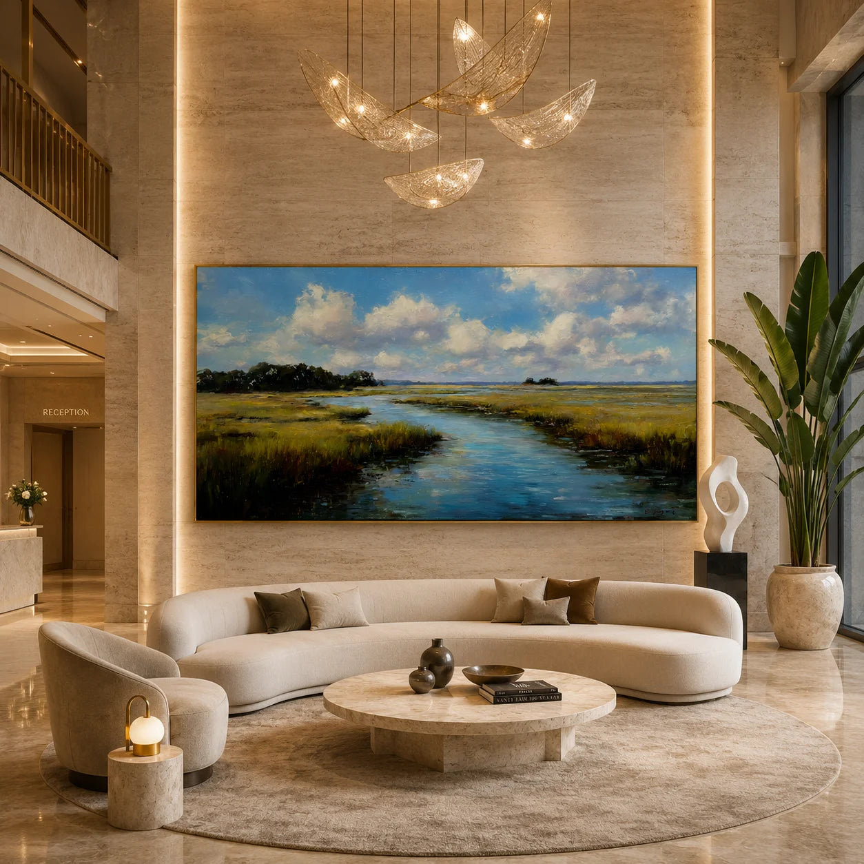 Ownanart Hand-Painted Wetland River Landscape Oil Painting – Blue Sky, Clouds, Meadow Stream Panoramic Wall Art for Modern Home Decor # OA 1246