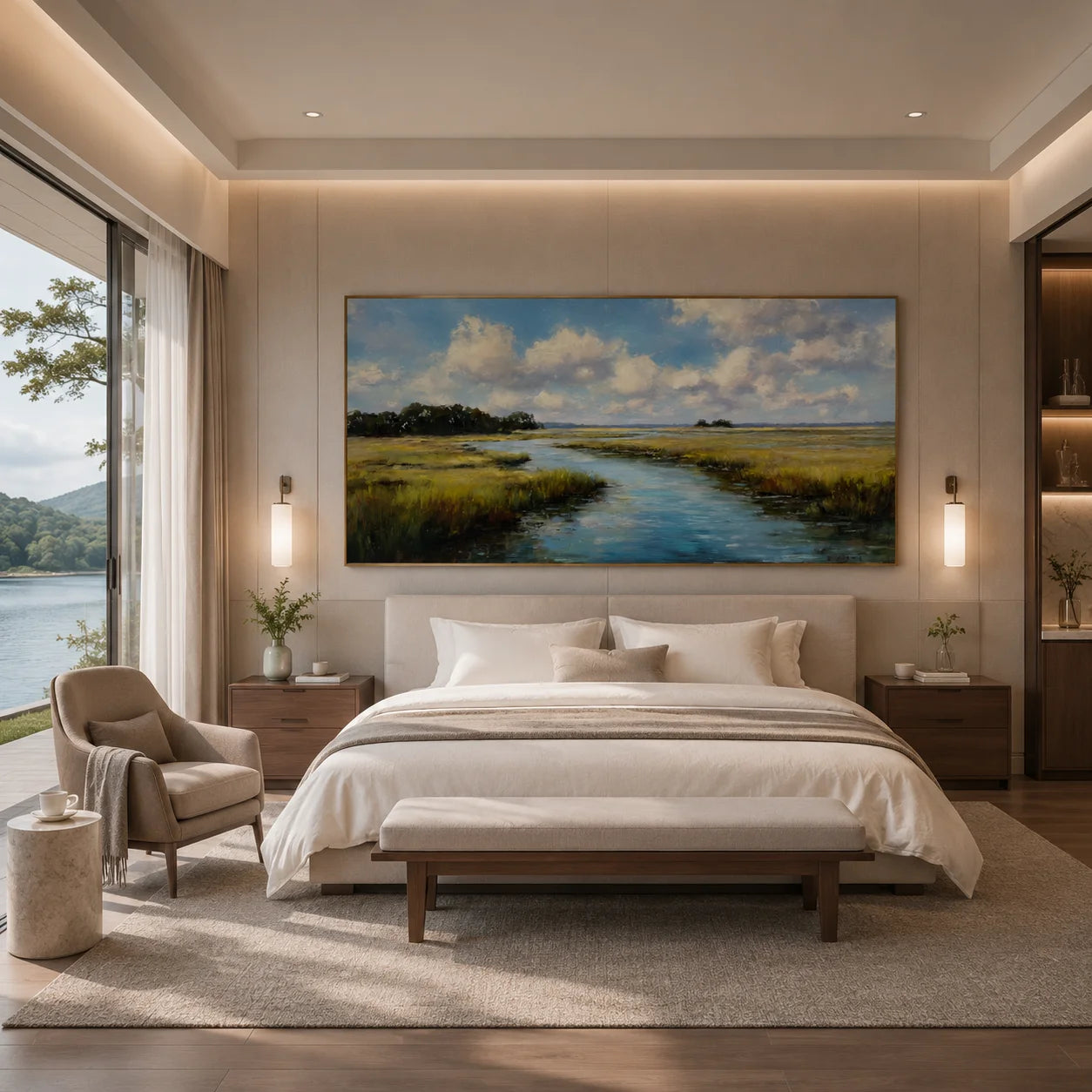 Ownanart Hand-Painted Wetland River Landscape Oil Painting – Blue Sky, Clouds, Meadow Stream Panoramic Wall Art for Modern Home Decor # OA 1246