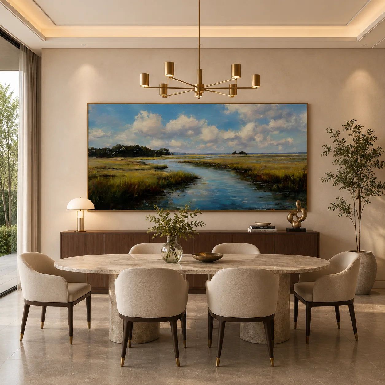 Ownanart Hand-Painted Wetland River Landscape Oil Painting – Blue Sky, Clouds, Meadow Stream Panoramic Wall Art for Modern Home Decor # OA 1246