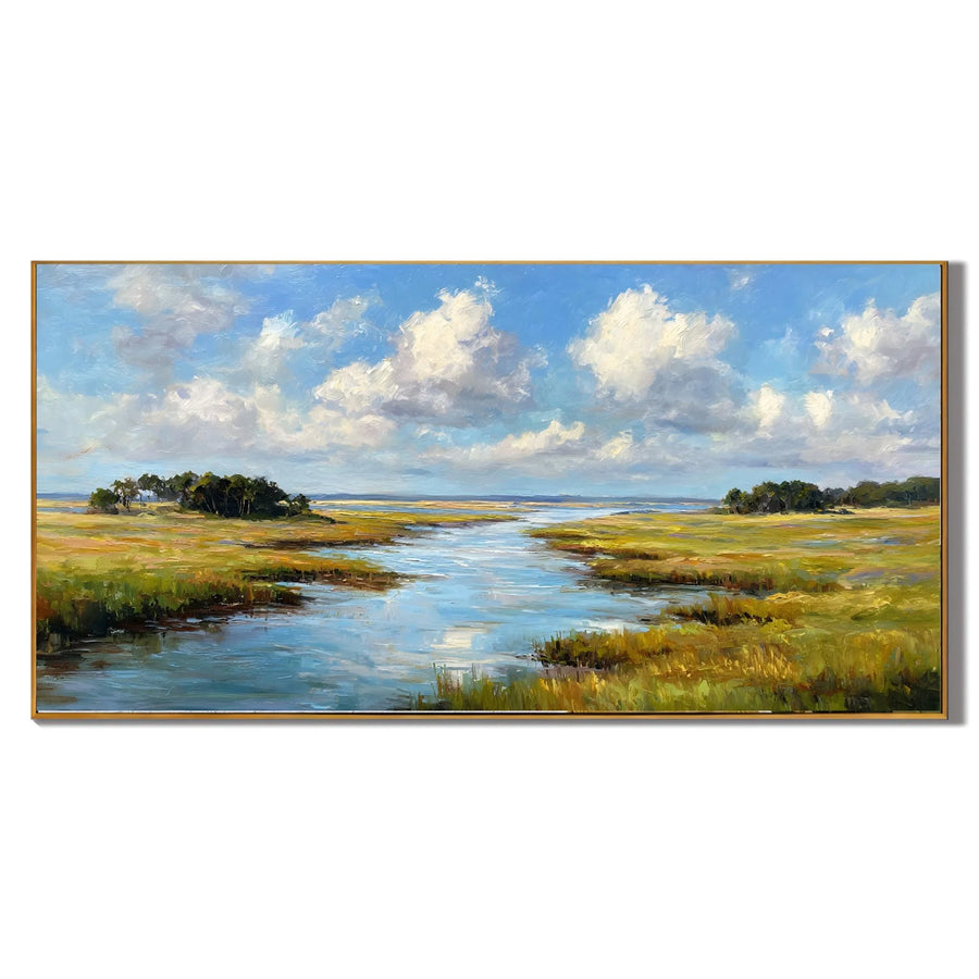 Ownanart Hand-Painted Wetland River Landscape Oil Painting – Blue Sky, White Clouds and Golden Meadow Panoramic Wall Art # OA 1247