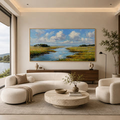Ownanart Hand-Painted Wetland River Landscape Oil Painting – Blue Sky, White Clouds and Golden Meadow Panoramic Wall Art # OA 1247