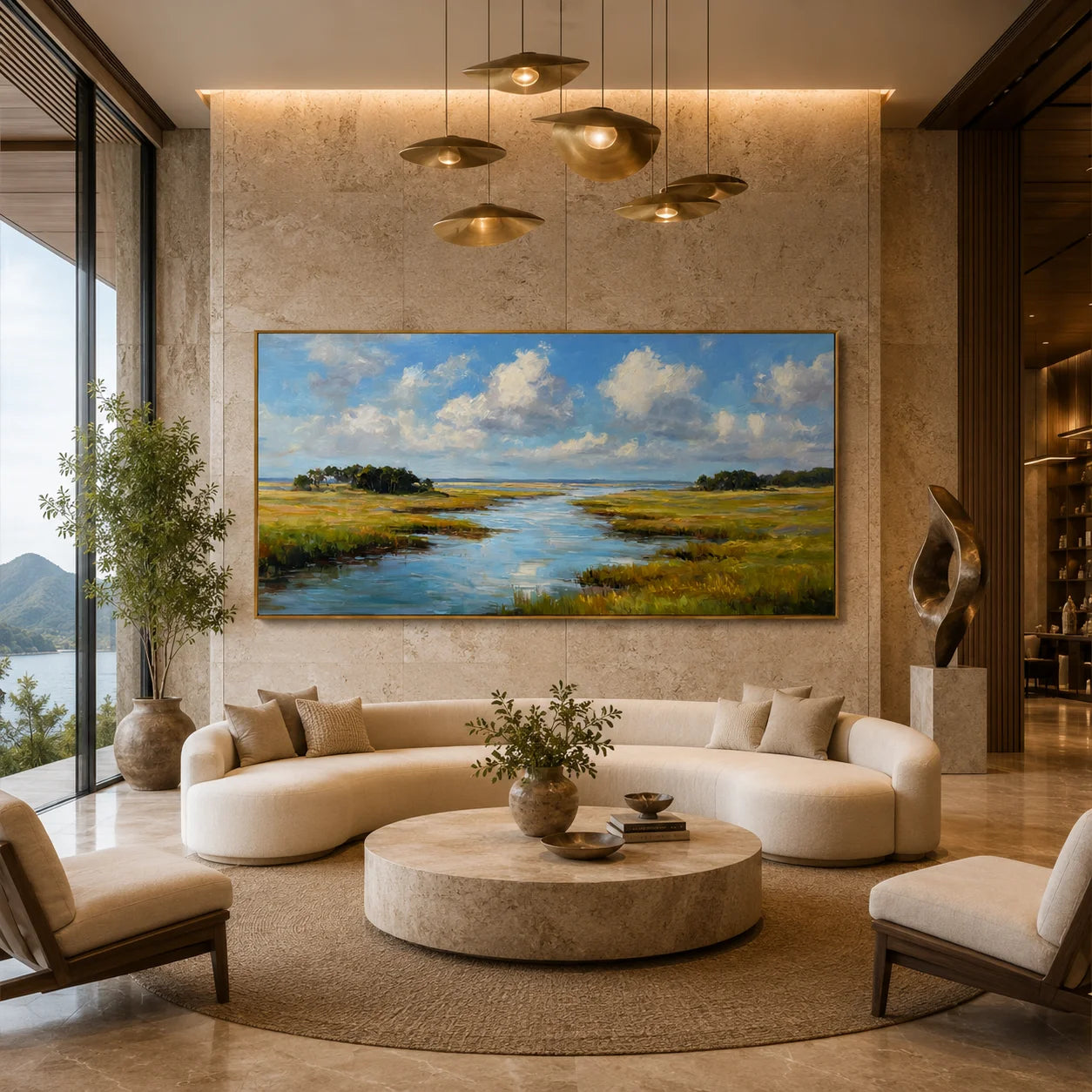 Ownanart Hand-Painted Wetland River Landscape Oil Painting – Blue Sky, White Clouds and Golden Meadow Panoramic Wall Art # OA 1247