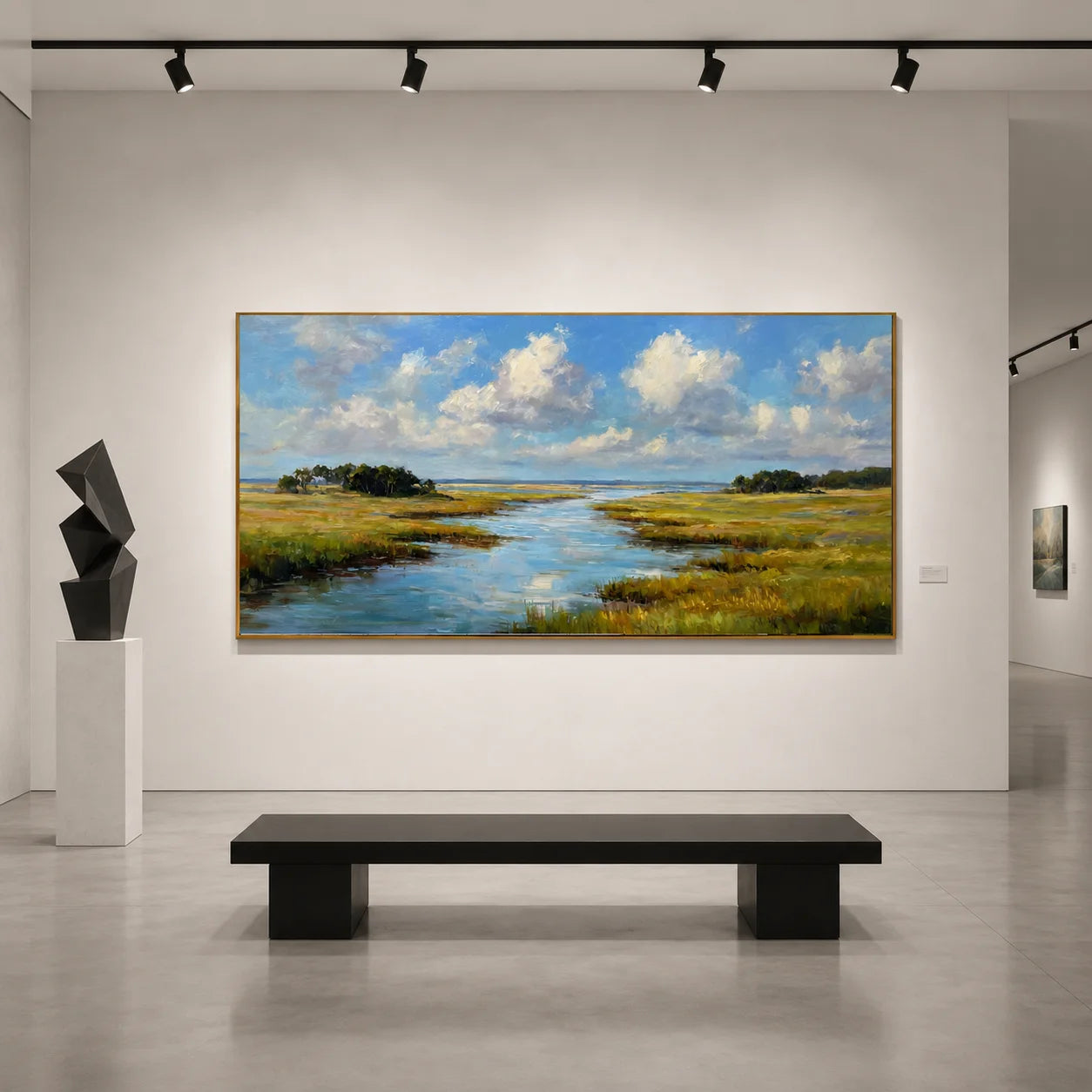Ownanart Hand-Painted Wetland River Landscape Oil Painting – Blue Sky, White Clouds and Golden Meadow Panoramic Wall Art # OA 1247