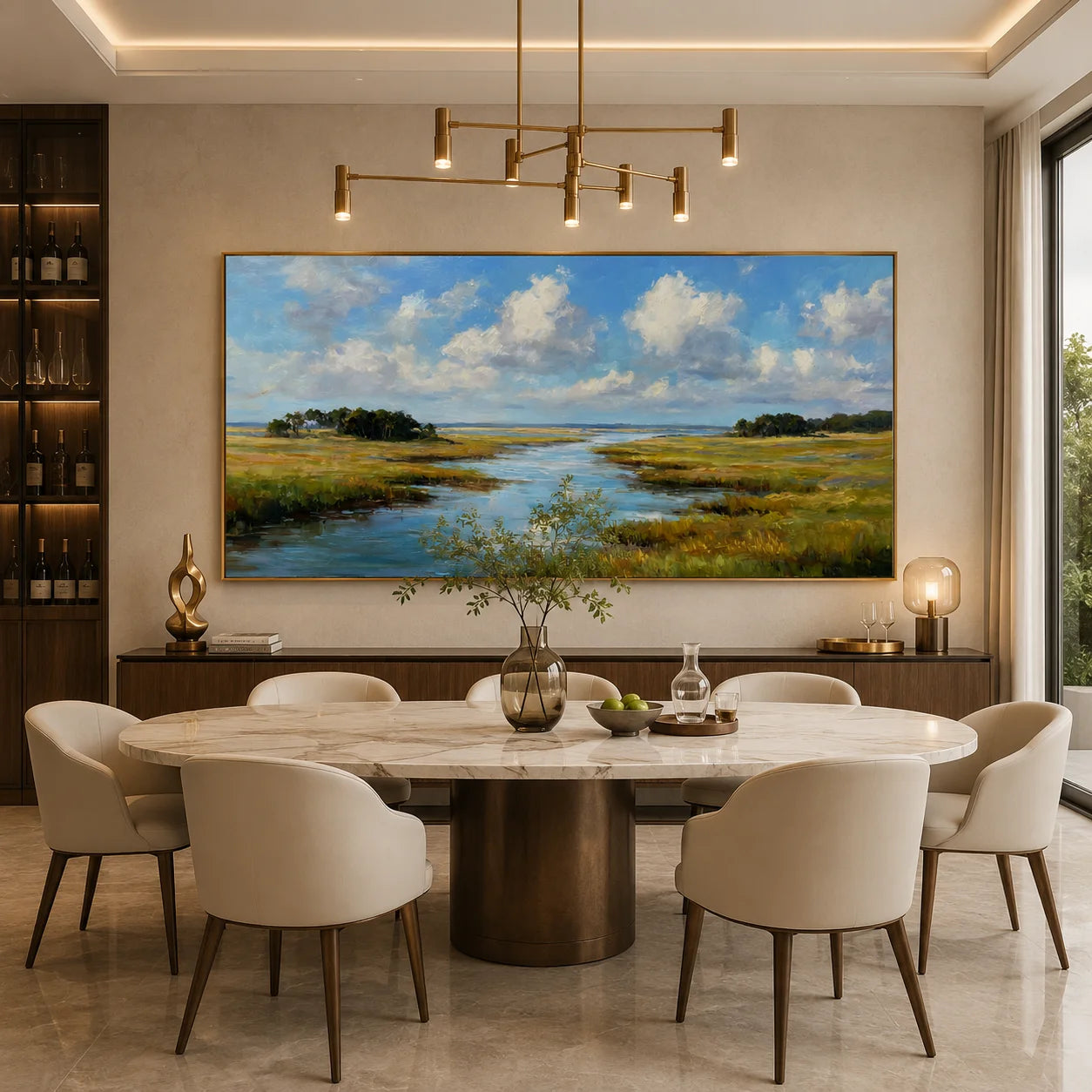 Ownanart Hand-Painted Wetland River Landscape Oil Painting – Blue Sky, White Clouds and Golden Meadow Panoramic Wall Art # OA 1247