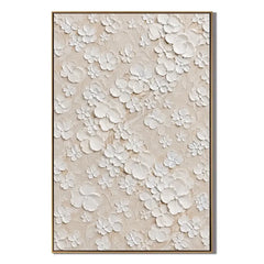 Ownanart Hand-Painted White Floral Textured Oil Painting – 3D Impasto Flowers on Soft Beige Background, Neutral Botanical Wall Art for Modern Living Room, Bedroom and Elegant Home Decor #OA 1426