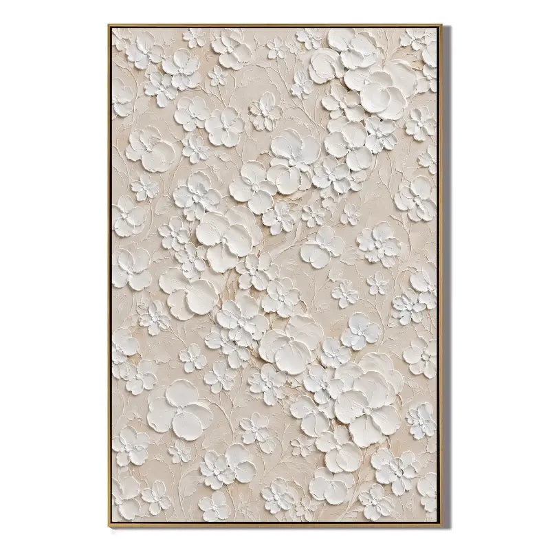 Ownanart Hand-Painted White Floral Textured Oil Painting – 3D Impasto Flowers on Soft Beige Background, Neutral Botanical Wall Art for Modern Living Room, Bedroom and Elegant Home Decor