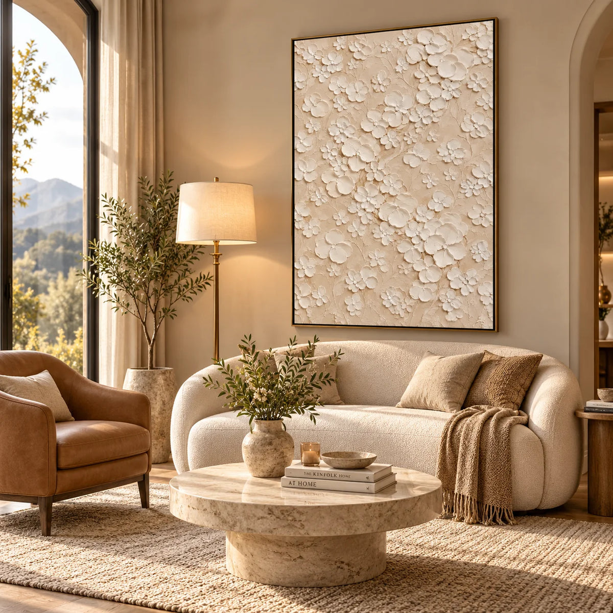 Ownanart Hand-Painted White Floral Textured Oil Painting – 3D Impasto Flowers on Soft Beige Background, Neutral Botanical Wall Art for Modern Living Room, Bedroom and Elegant Home Decor