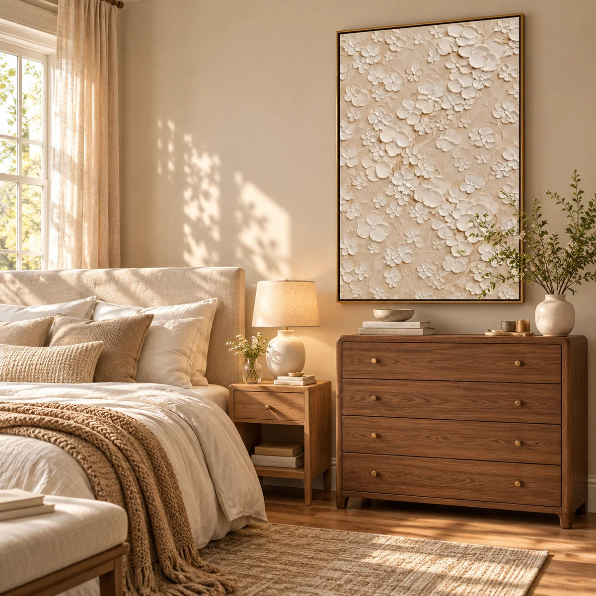 Ownanart Hand-Painted White Floral Textured Oil Painting – 3D Impasto Flowers on Soft Beige Background, Neutral Botanical Wall Art for Modern Living Room, Bedroom and Elegant Home Decor