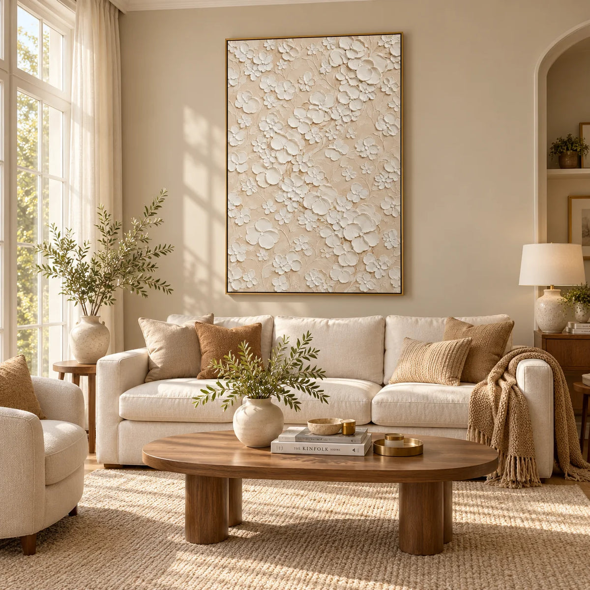 Ownanart Hand-Painted White Floral Textured Oil Painting – 3D Impasto Flowers on Soft Beige Background, Neutral Botanical Wall Art for Modern Living Room, Bedroom and Elegant Home Decor