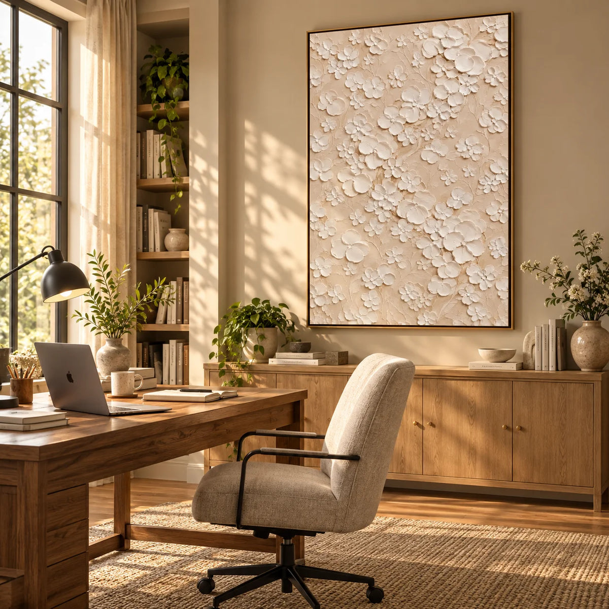 Ownanart Hand-Painted White Floral Textured Oil Painting – 3D Impasto Flowers on Soft Beige Background, Neutral Botanical Wall Art for Modern Living Room, Bedroom and Elegant Home Decor