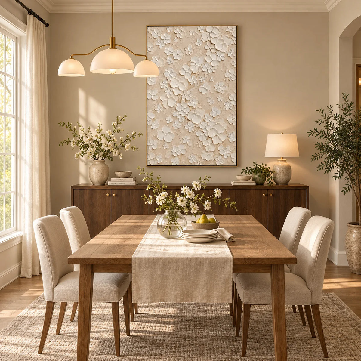 Ownanart Hand-Painted White Floral Textured Oil Painting – 3D Impasto Flowers on Soft Beige Background, Neutral Botanical Wall Art for Modern Living Room, Bedroom and Elegant Home Decor